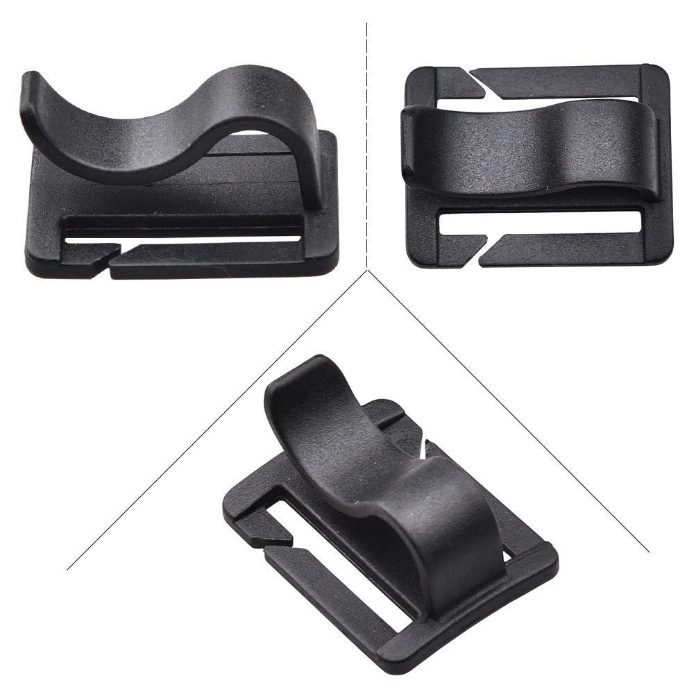 Black rotatable hydration tube clip designed for securing tubes to backpacks