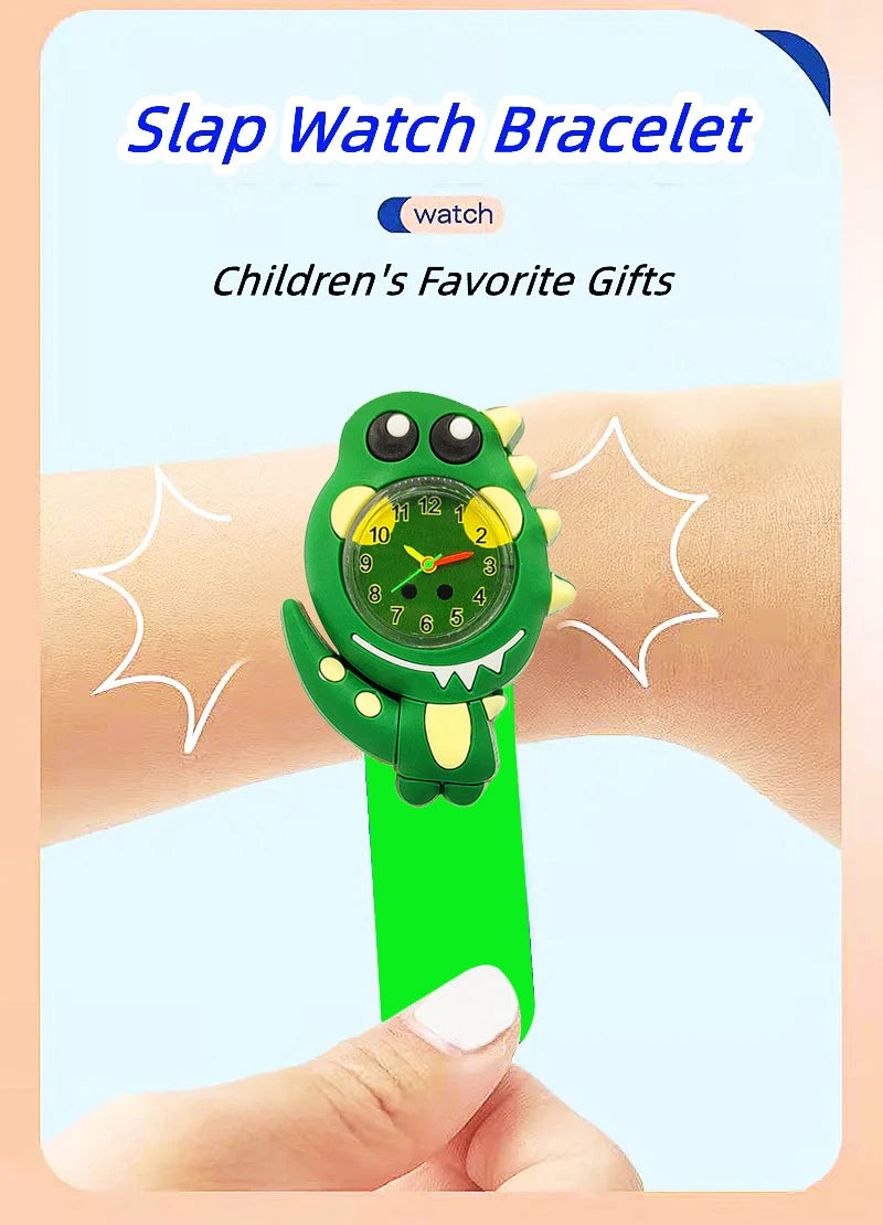 A green dinosaur-themed slap watch bracelet is shown being worn on a finger against a light background.