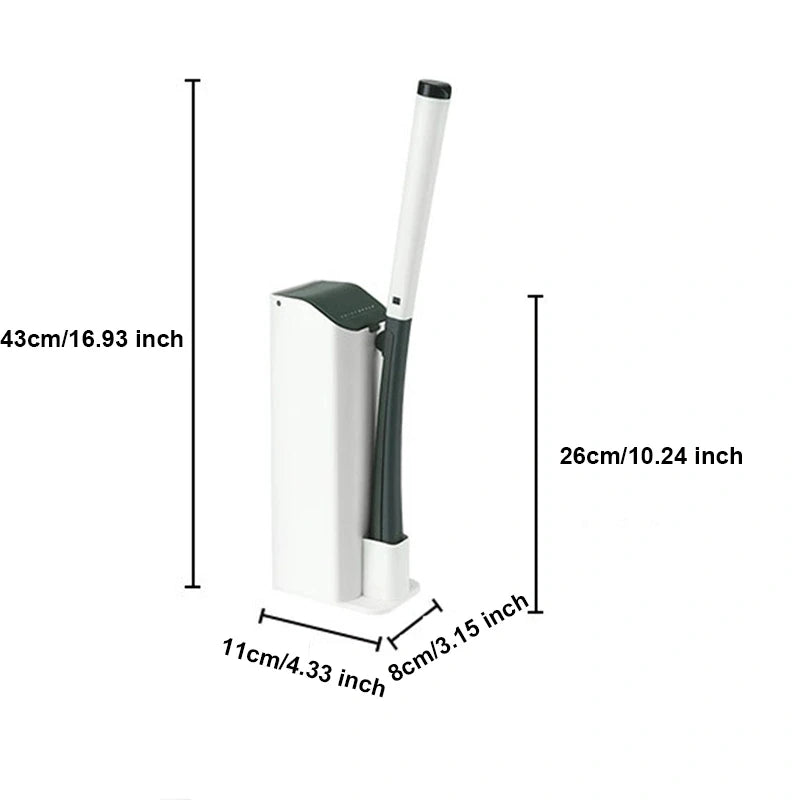 A white disposable toilet cleaning brush with a storage base shown in a vertical view.