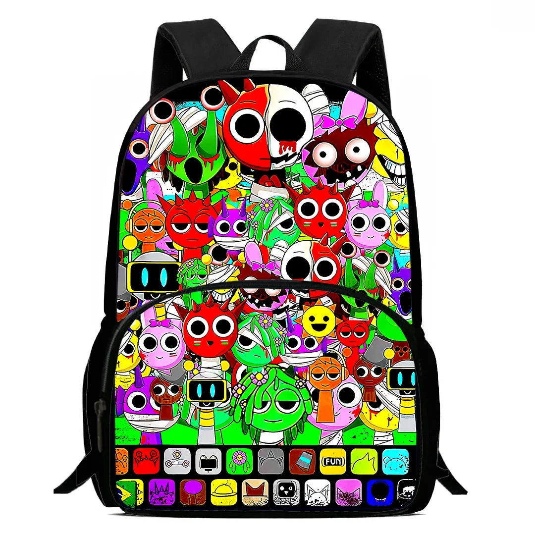 Sac à dos noir avec un design coloré de personnages et sprites de dessins animés.