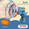 Blue dinosaur bubble machine with a large glass bulb and an orange liquid tray accessory