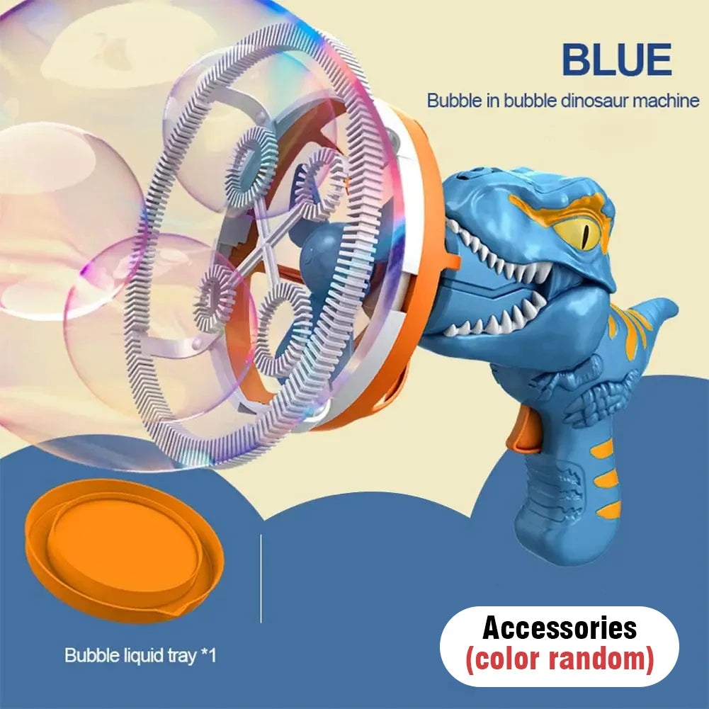 Blue dinosaur bubble machine with a large glass bulb and an orange liquid tray accessory