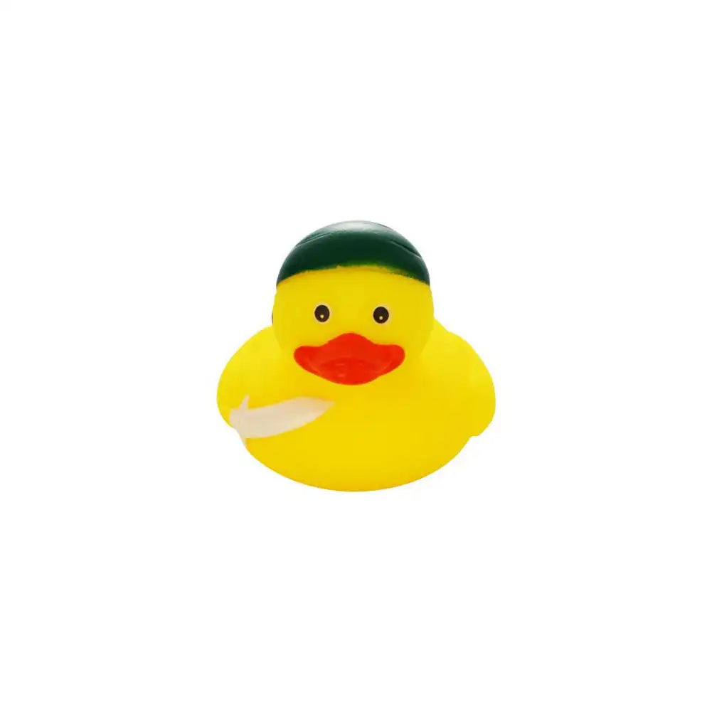 A bright yellow rubber duck toy with a green top and an orange beak.