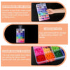 A transparent multi-compartment plastic storage box filled with colorful small items.