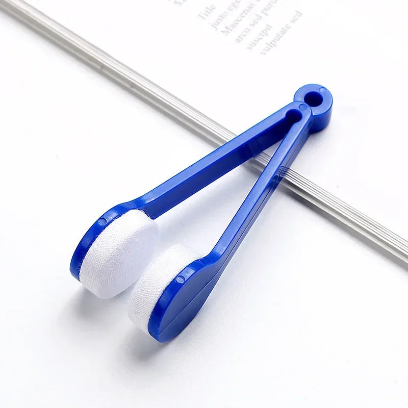 Blue portable double-sided glasses cleaning brush with white microfiber pads