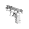 A silver and black high-capacity water blaster pistol is shown in a side view.