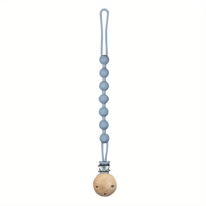 A silicone pacifier clip with a teether, featuring a long chain of round beads and a wooden ball.