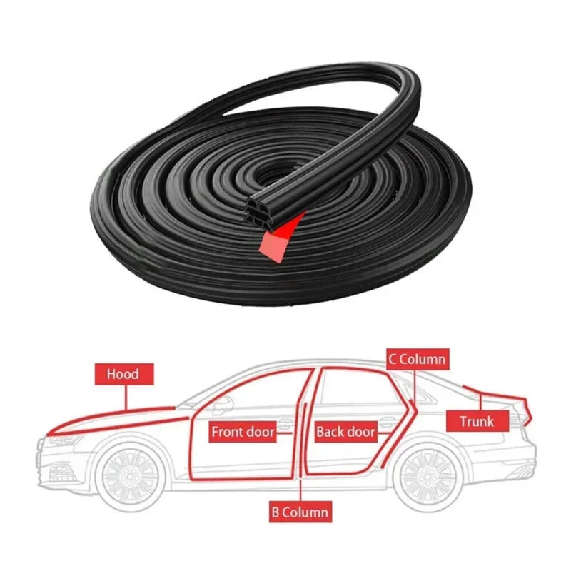 Black L-shaped door seal strip for car doors, showing various column locations.