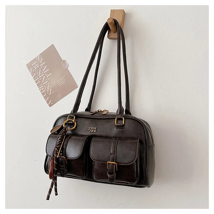 Women's Retro PU Leather Shoulder Bag with Multiple Pockets & Detachable Charm