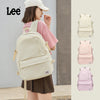 A young woman is wearing a cream-colored Lee laptop backpack, shown alongside pink and purple variations.
