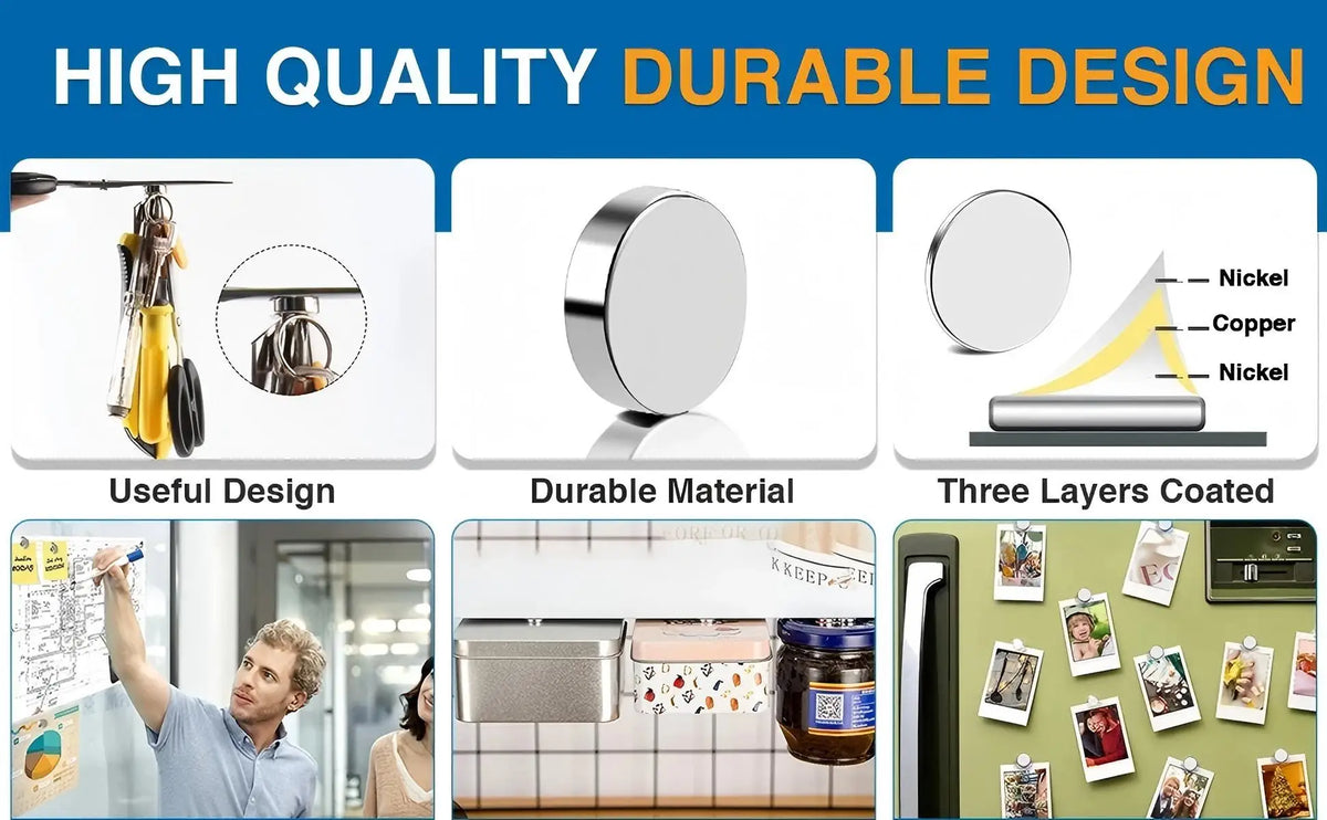 A set of strong multipurpose refrigerator magnets featuring various designs and materials.