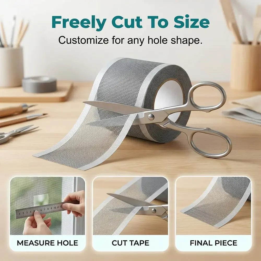 Roll of silvery mesh tape used for customizing and repairing various hole shapes on window screens.