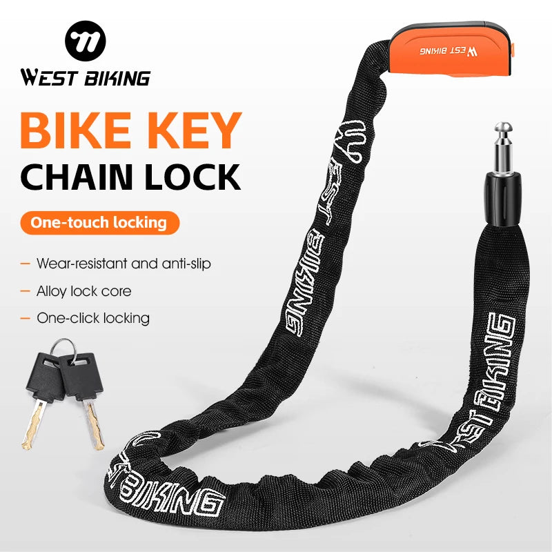 Orange and black bike key chain lock with an alloy lock core and a durable strap for securing bicycles.