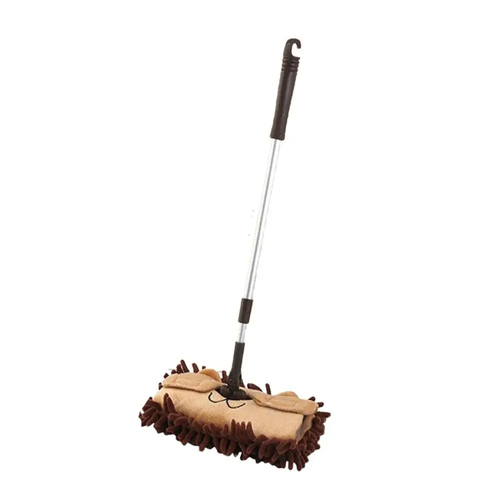 A kids broom and dustpan set with an adjustable mop, featuring a brown bristles head.