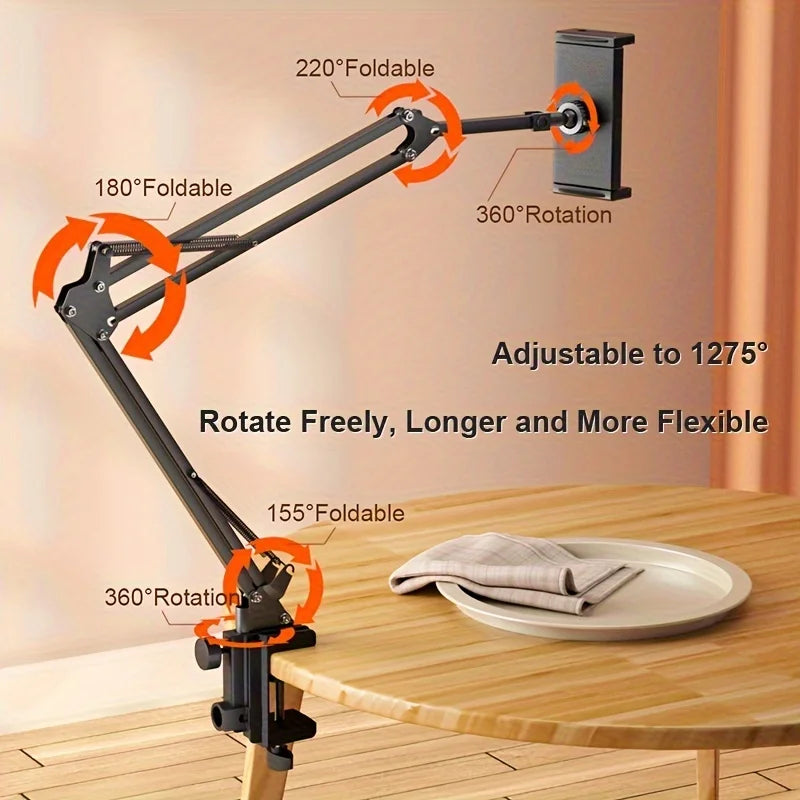 Schwarzer verstellbarer Tablet-Halter mit faltbarem Metallarm, der 220° und 180° Falten ermöglicht.
