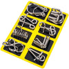 A yellow plastic tray containing various metal wire puzzle brain teaser components.