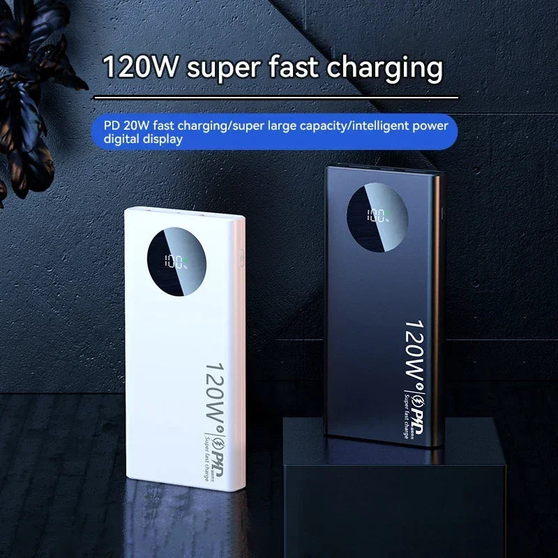 Eine weiße 120W Schnellladepowerschmuggel mit digitaler Anzeige auf einer dunklen Oberfläche.