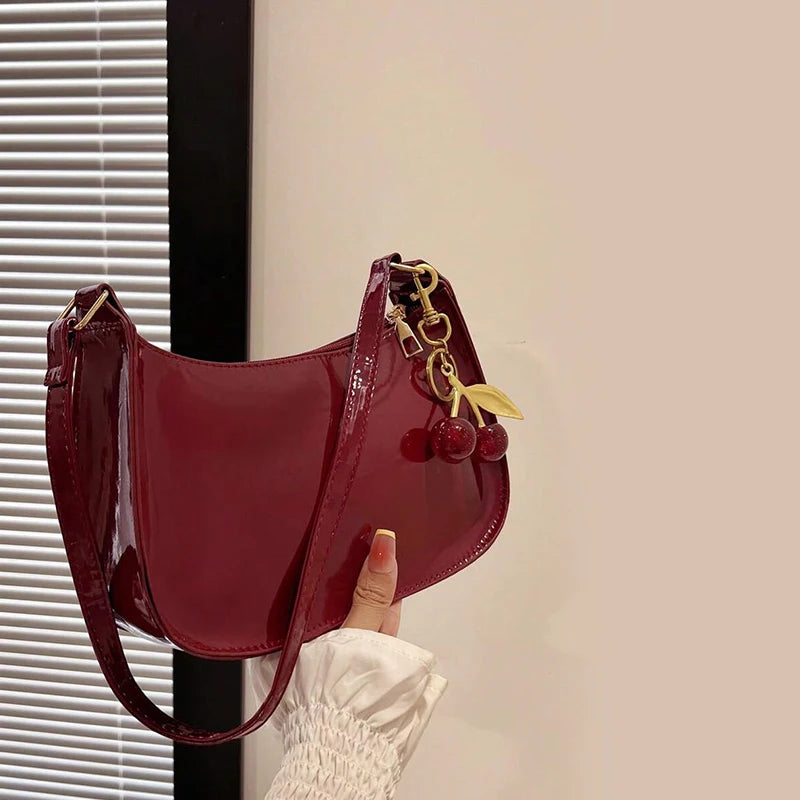 PU Leather Shoulder Bag with Cherry Pendant