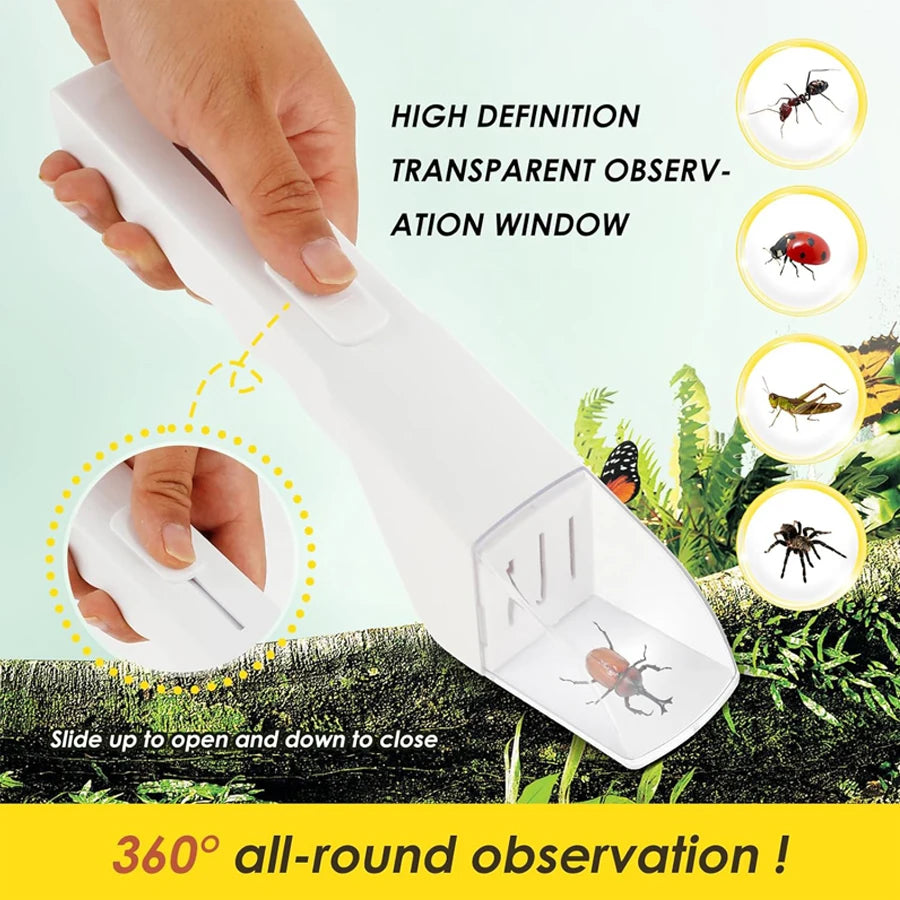 A hand is holding a white, transparent observation window device designed for 360 degree insect observation.