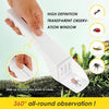 A hand is holding a white, transparent observation window device designed for 360 degree insect observation.