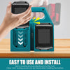 A hand is inserting a battery into a teal portable organizer designed for Makita power tool batteries.