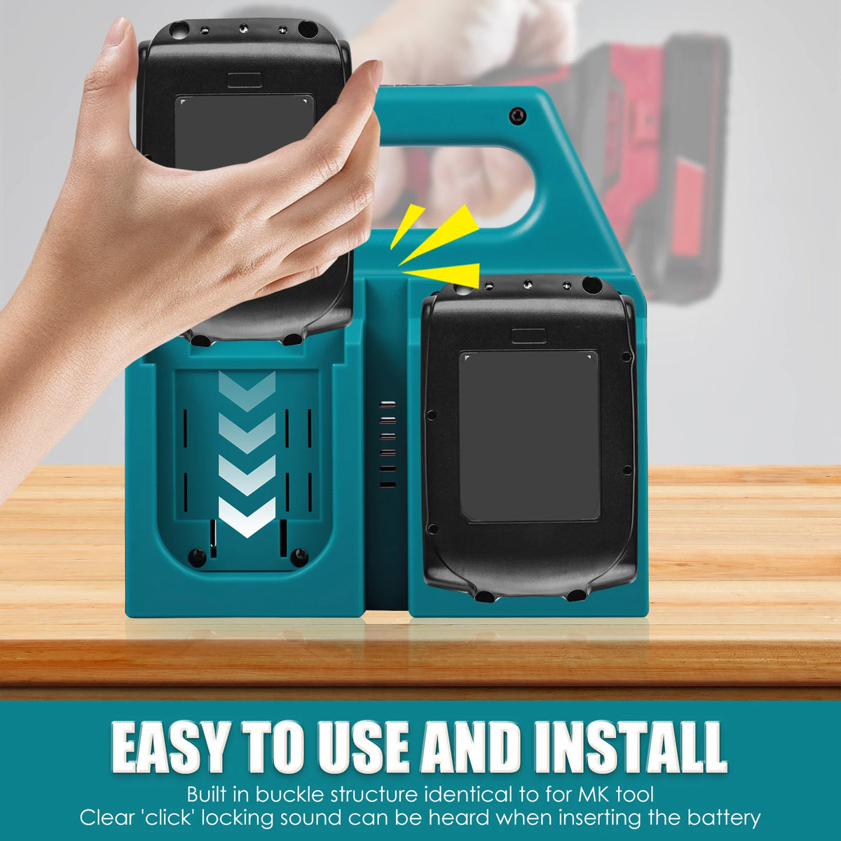 A hand is inserting a battery into a teal portable organizer designed for Makita power tool batteries.