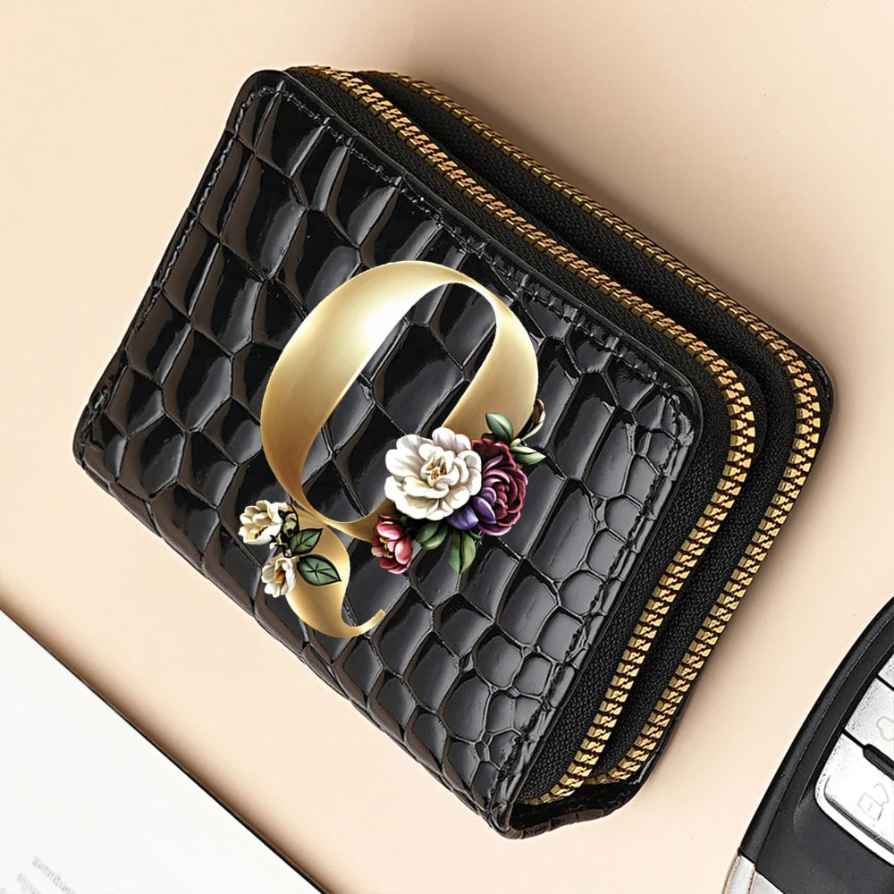 Alphabet Flower Double-Zip Card Wallet with Secure Clasp