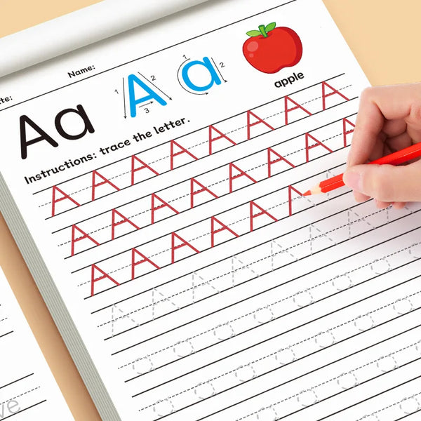 A worksheet showing tracing practice for the letter Aa and apple, with a hand writing on the page.