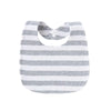 A white and gray striped baby bib with a curved cutout for the neck.