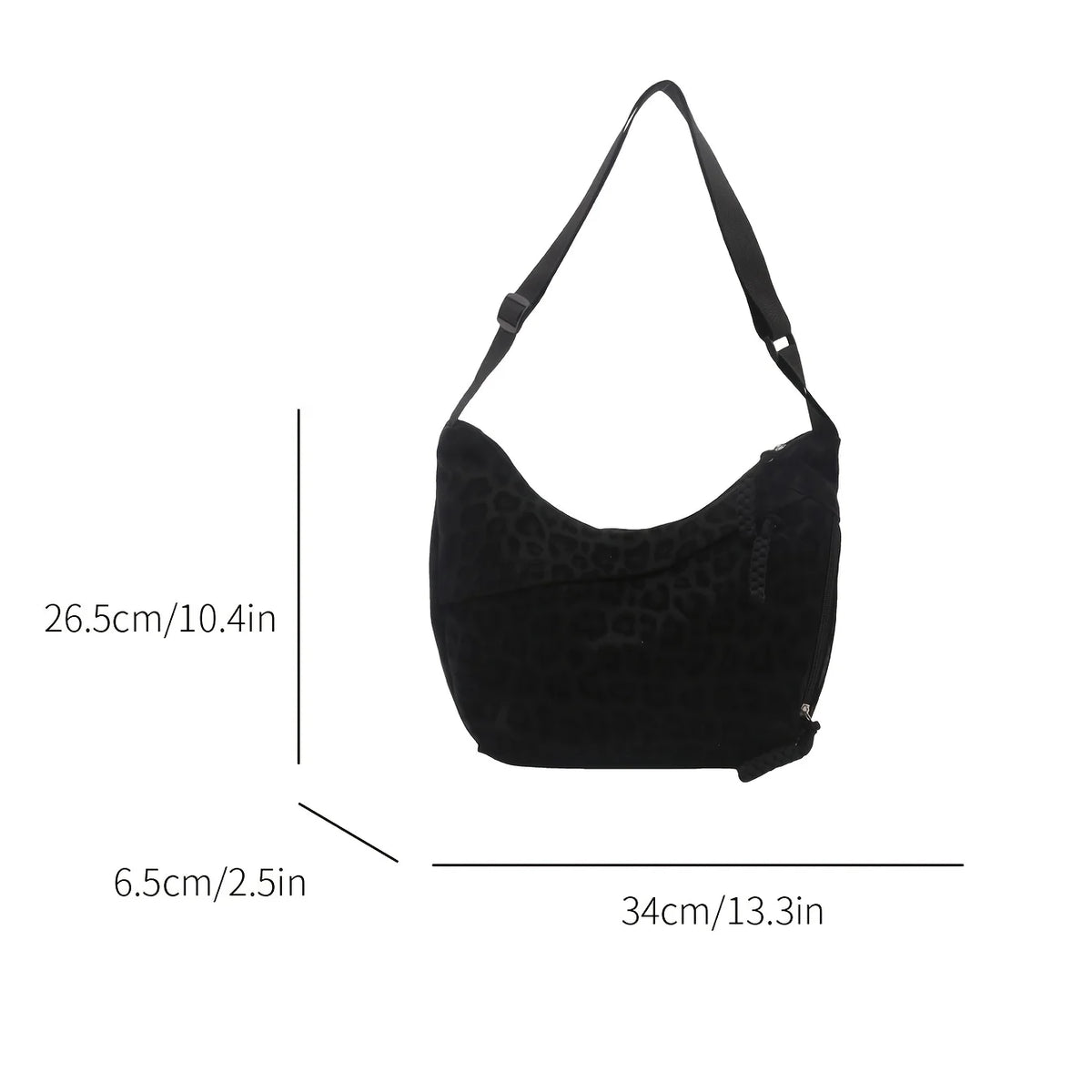 Black leopard print crossbody bag shown from the side with dimensions 34cm long and 6.5cm wide.