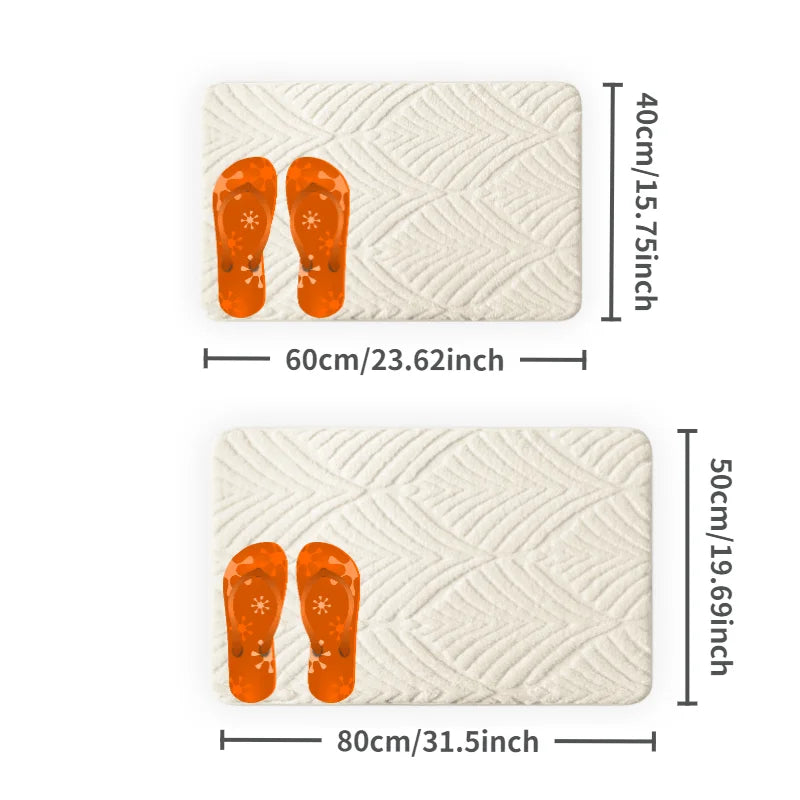 A rectangular orange plush velvet bathroom mat with a textured non-slip backing shown in two sizes.
