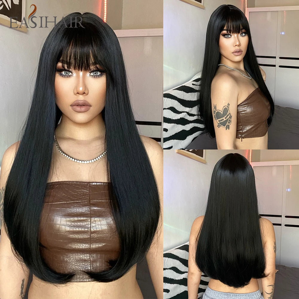 Rose Gold Layered Straight Wig with Bangs
