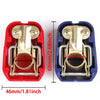 A pair of red and blue quick-release car battery terminal connectors with gold-plated terminals.