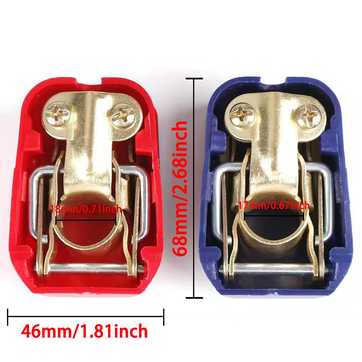 A pair of red and blue quick-release car battery terminal connectors with gold-plated terminals.