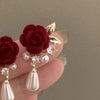 Vintage Velvet Rose Pearl Earrings for Women