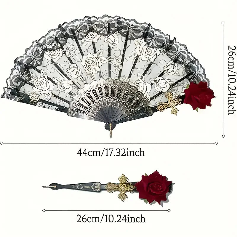 Vintage spanische Flamenco-Rose-Spitze-Handfächer mit dunkelgrauem und weißem Blumenmuster