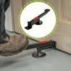 A heavy-duty steel door lift tool with a rotating arm is shown mounted on a door frame.