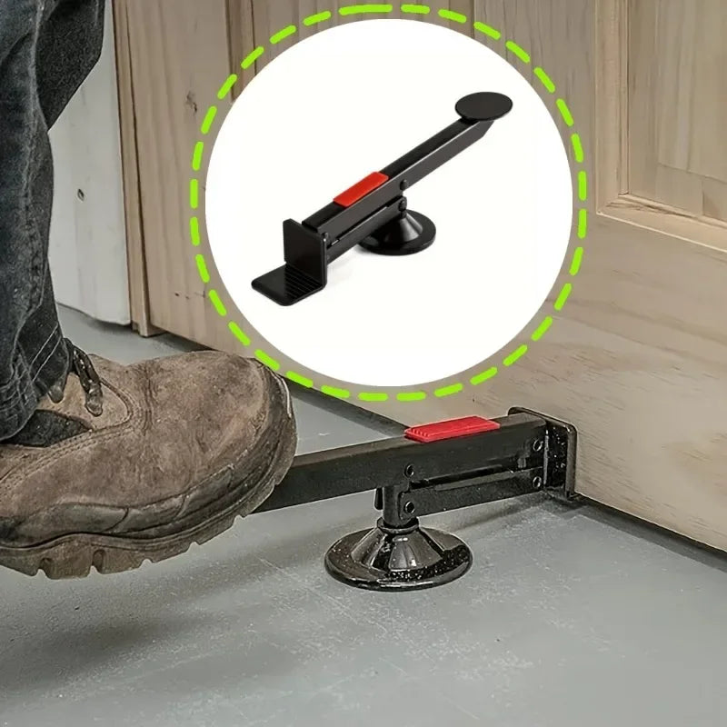 A heavy-duty steel door lift tool with a rotating arm is shown mounted on a door frame.
