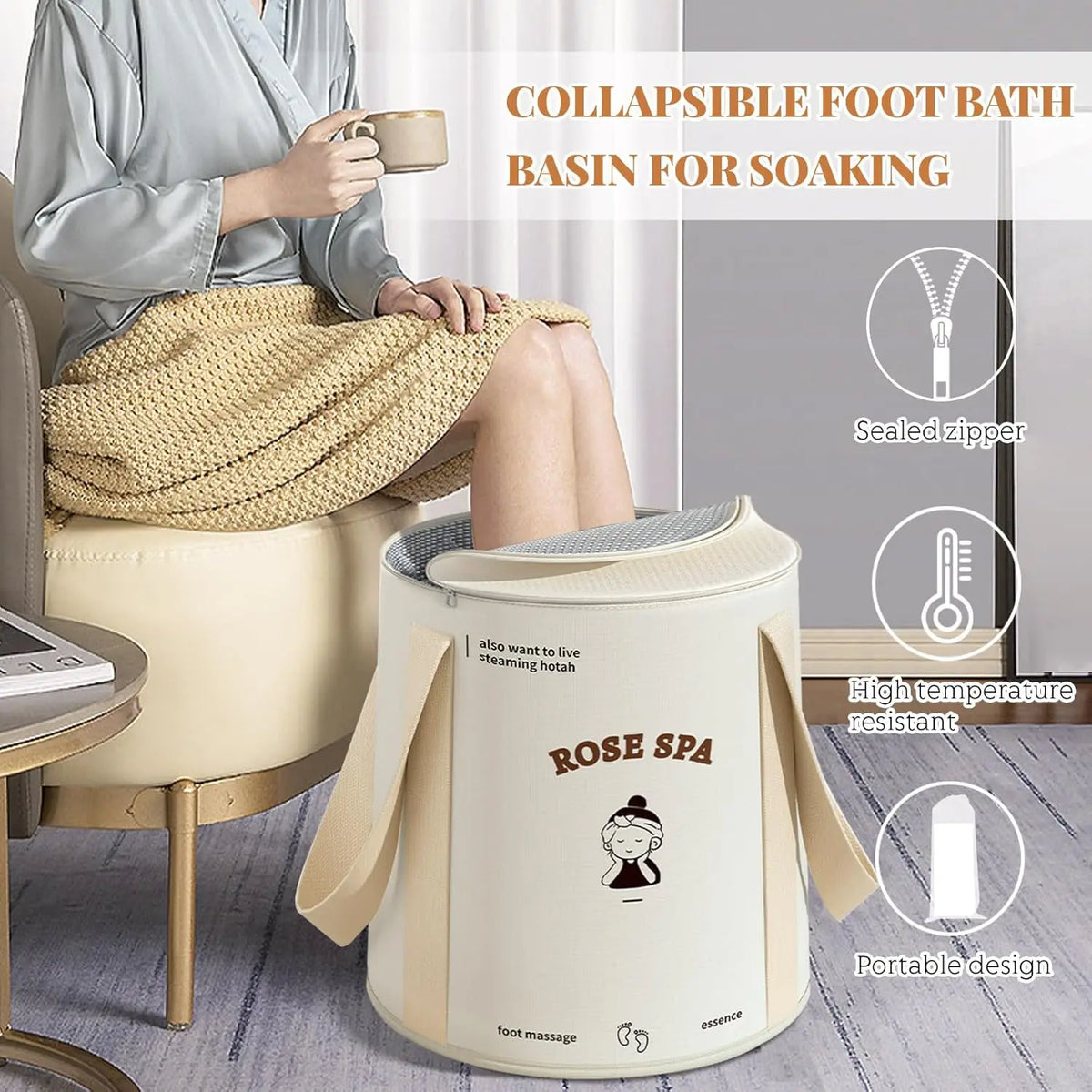 A woman is using a portable rose spa foot bath basin for soaking, shown with details of its sealed zipper and high temperatur