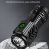 A black metal flashlight with a frosted texture is shown resting on rough stone.