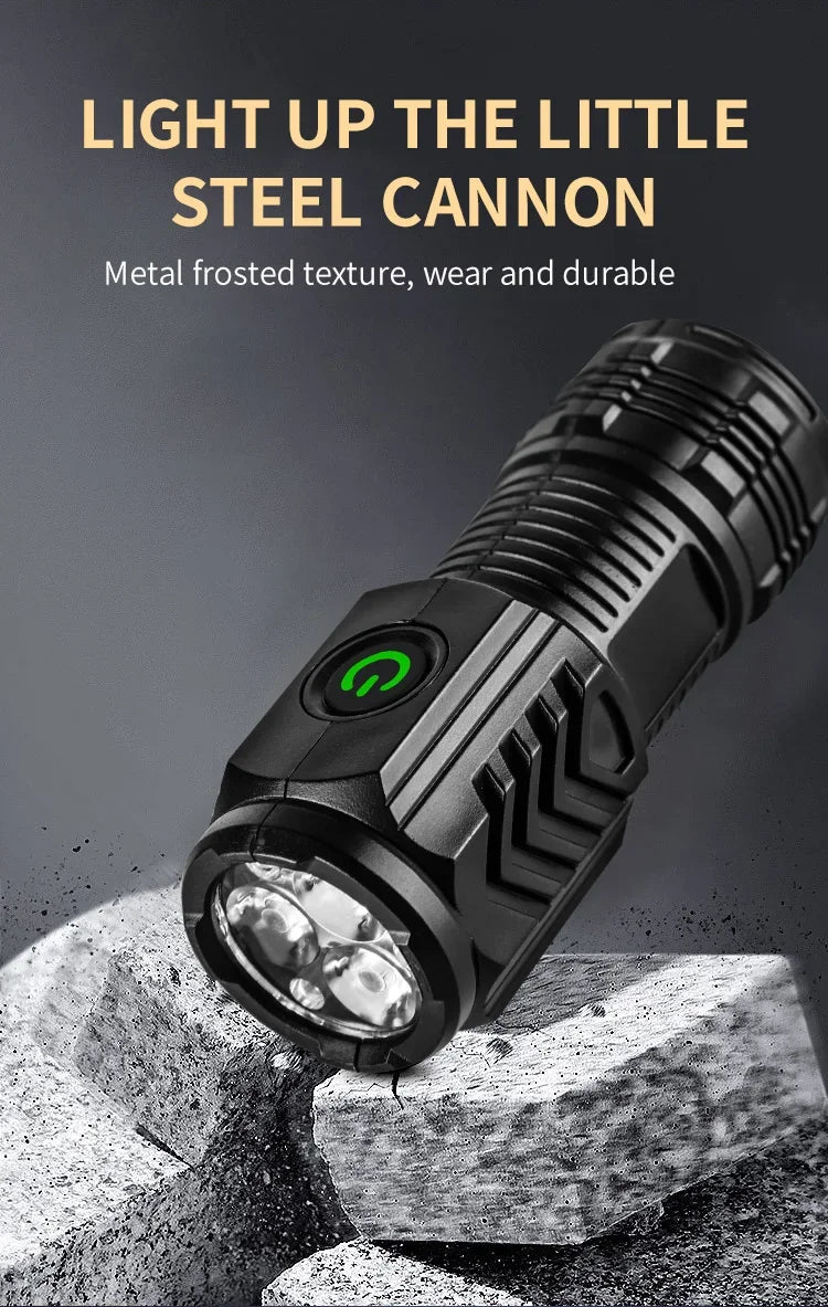 A black metal flashlight with a frosted texture is shown resting on rough stone.