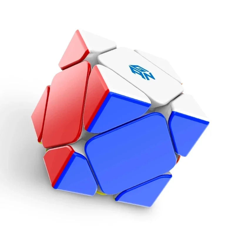A magnetic speed cube with red and blue faces, shown at an angle.