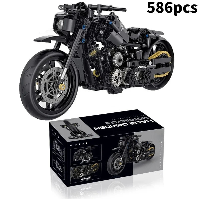 A detailed black motorcycle model kit with 586 pieces of parts and tools displayed next to its packaging box.