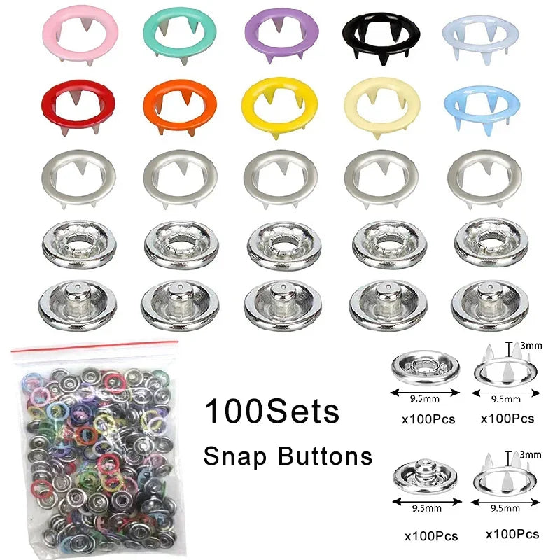 A collection of 100 metal snap buttons in various colors and sizes with pliers for DIY sewing projects