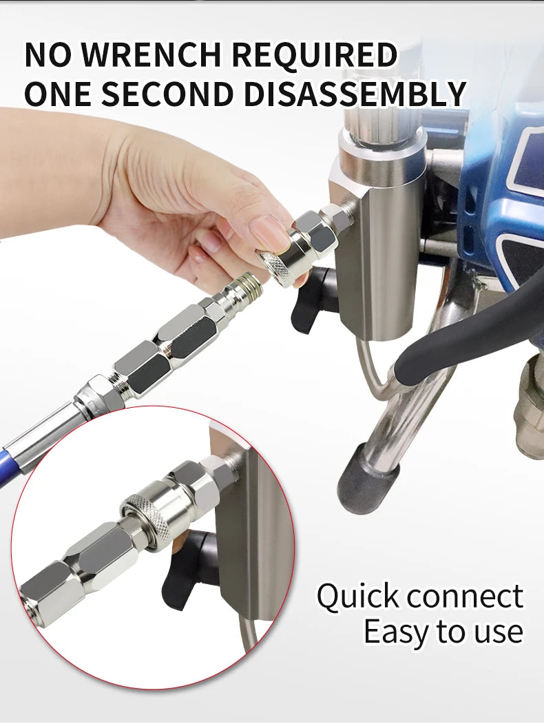 Hand assembling a stainless steel swivel connector for airless spray hoses, highlighting its quick and easy connection.