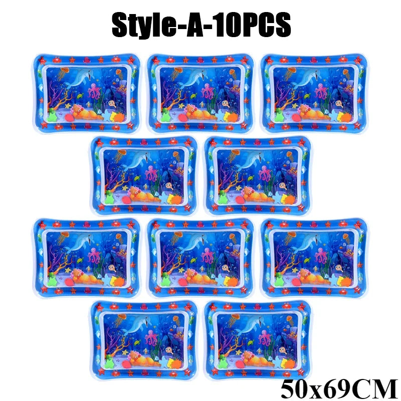 A set of 10 blue inflatable baby water play mats featuring colorful aquatic scenes and sea life.