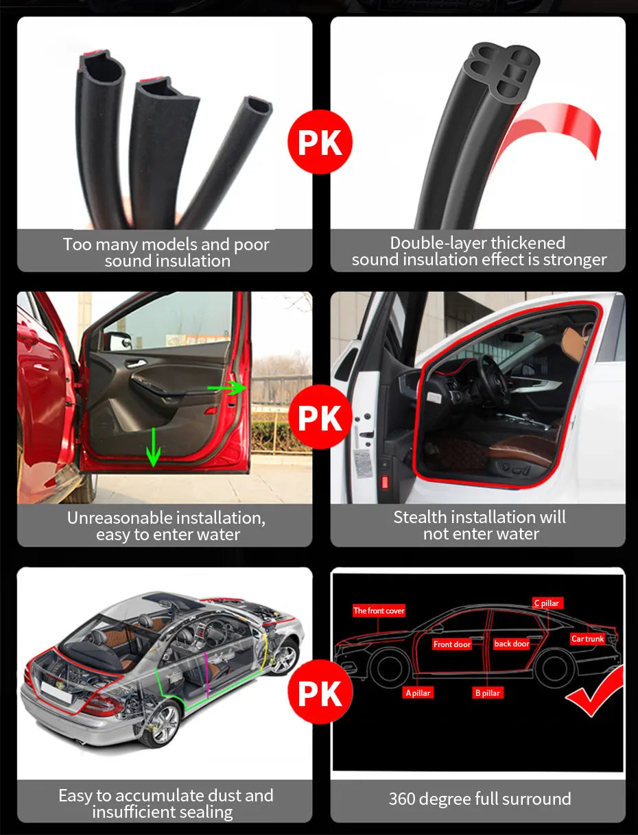 Various views of a black double-layer self-adhesive car door seal strip for sound insulation and sealing.