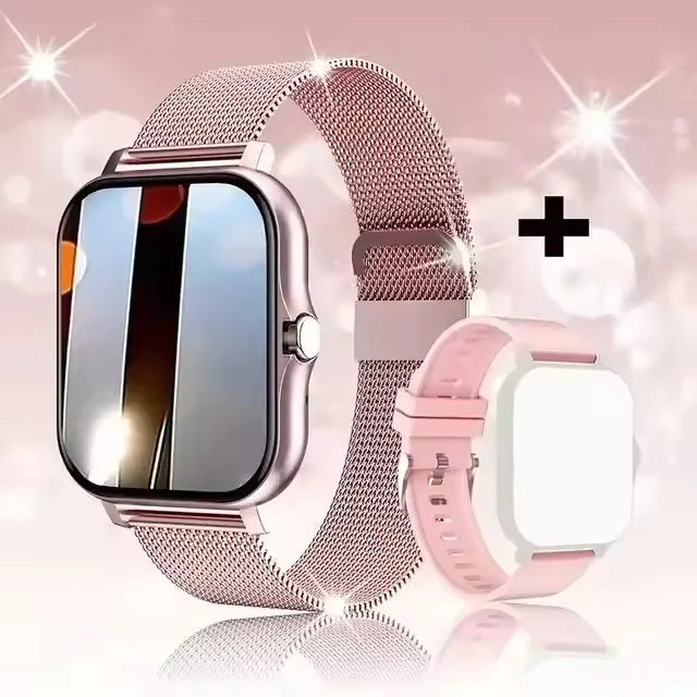 Pinke Smartwatch mit vollberührtem Display und Bluetooth-Anruffunktion zusammen mit dem Armband.
