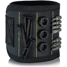 Black magnetic wristband designed to hold screws, nails, and drill bits.