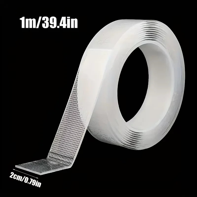 Roll of white nano double-sided tape measuring 1m/39.4in with a 2cm/0.79in strip shown on the side.